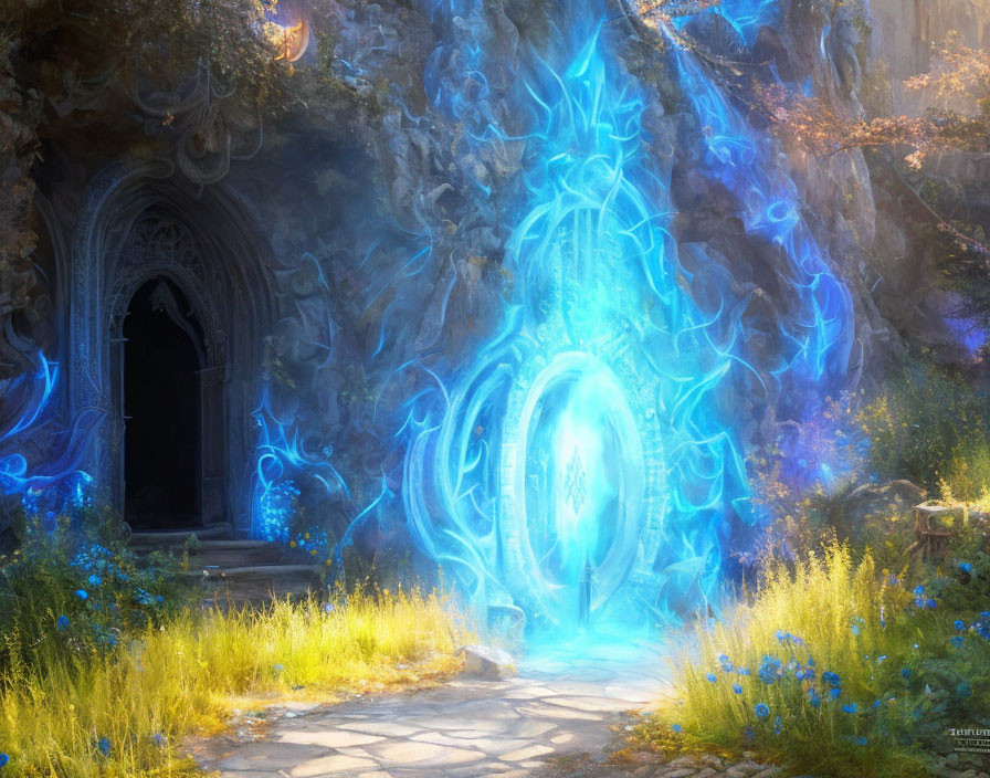 Glowing blue portal in ivy-covered cave with stone archway