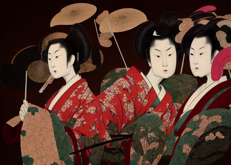 Geishas in traditional attire with fans and umbrellas on dark background