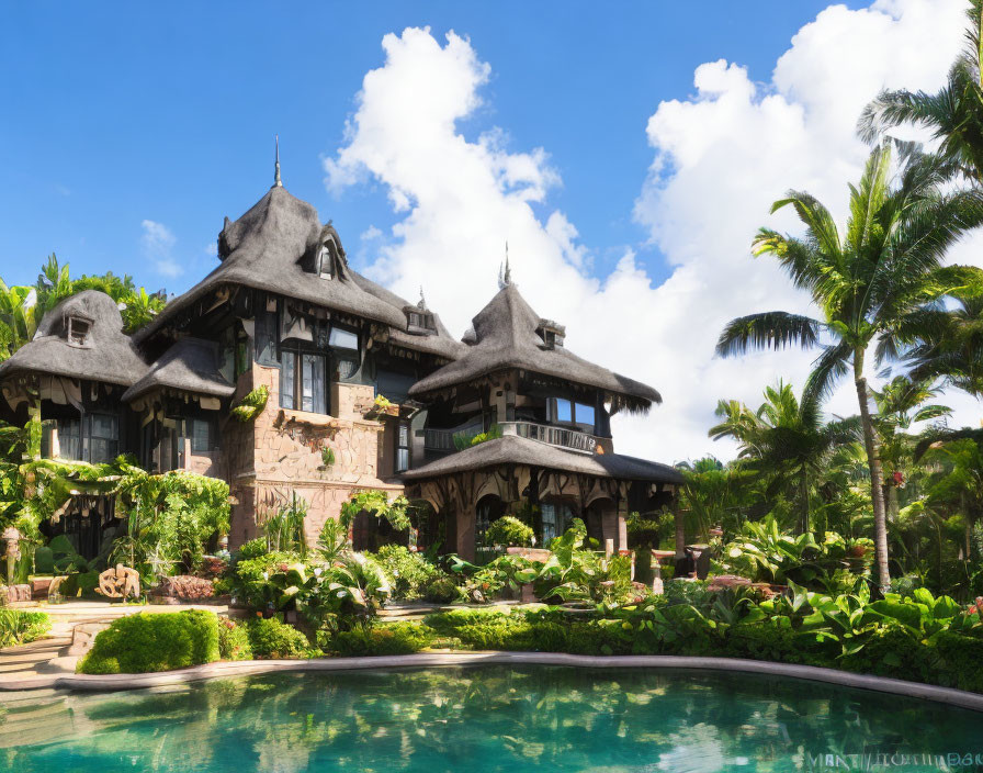 Luxurious House with Multiple Gabled Roofs and Tranquil Pool surrounded by Tropical Greenery