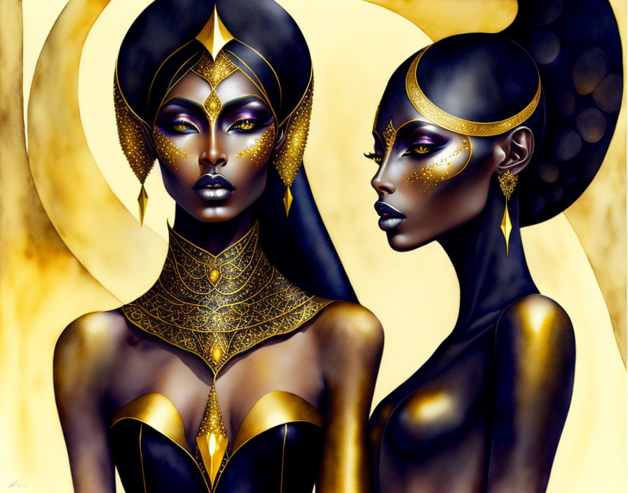 Stylized female figures with dark skin and gold adornments on fiery background