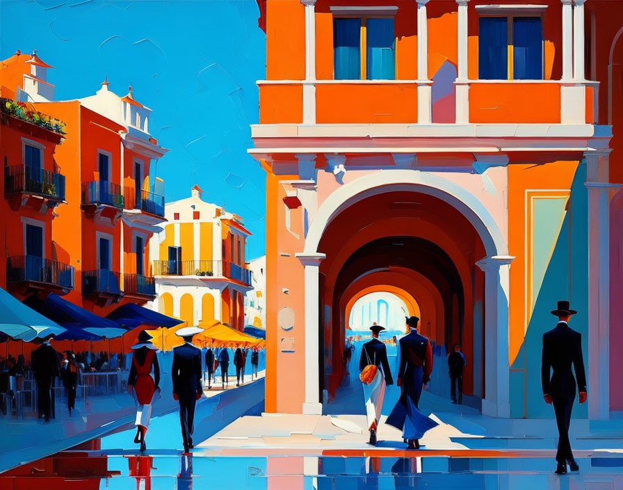 Colorful Mediterranean Street Scene with People Walking Under Archways