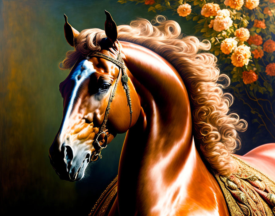 Majestic chestnut horse with elegant bridle on dark floral background