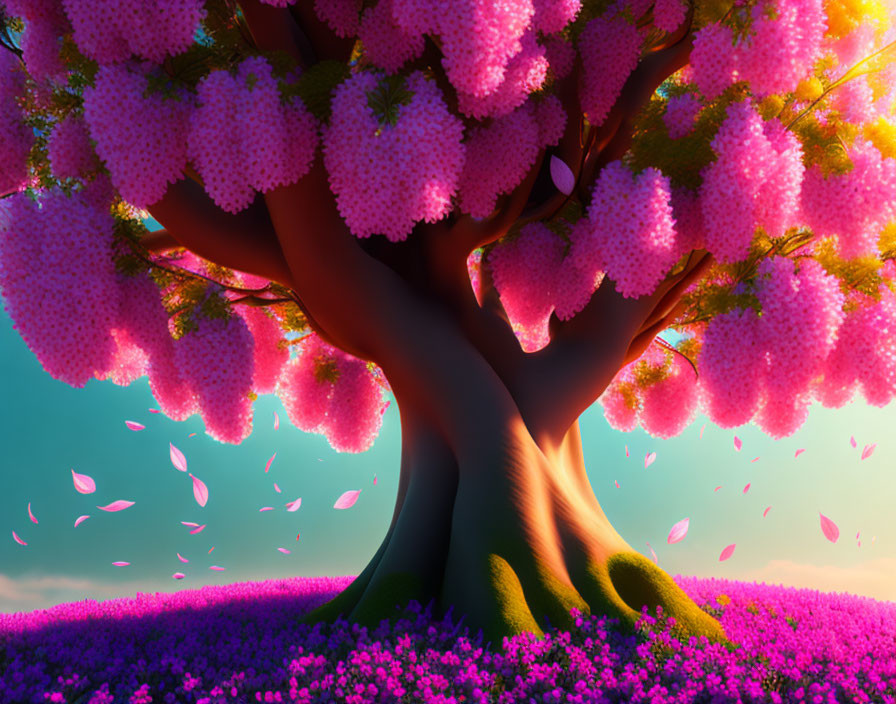 Fantasy illustration of large tree with pink foliage and petals on purple flower field