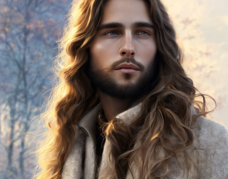 Man with Long Wavy Hair and Full Beard Portrait in Digital Art