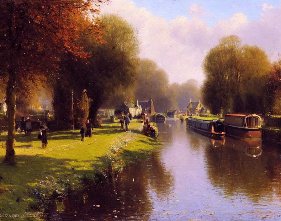 Tranquil 19th-Century Canal Scene with Boats and Autumn Trees