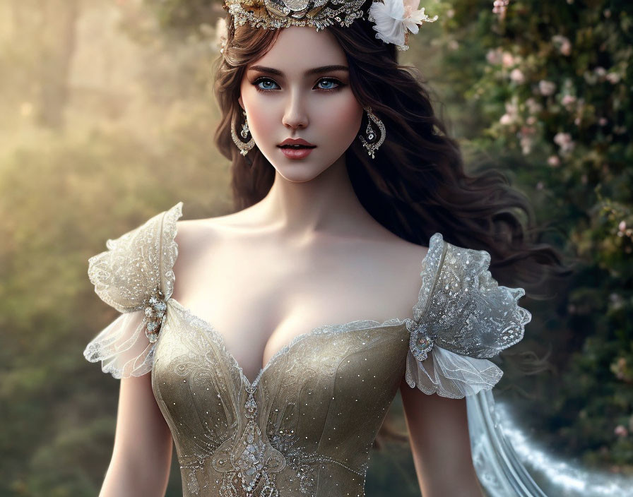 Digital artwork: Woman in ornate clothing with floral crown in enchanted forest.