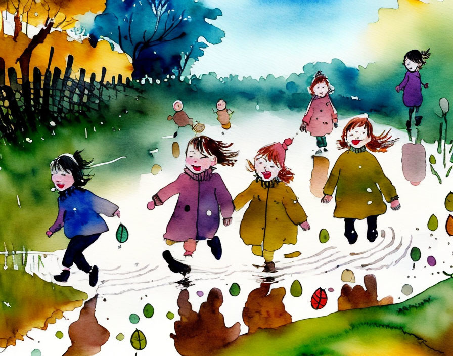 Vibrant watercolor painting of joyful children in whimsical landscape