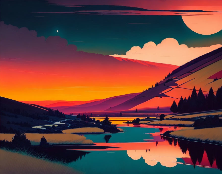 Scenic sunset landscape with river, trees, mountains, sun, and moon