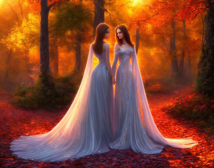 Two Women in Sparkling Dresses in Autumn Forest with Glowing Trees