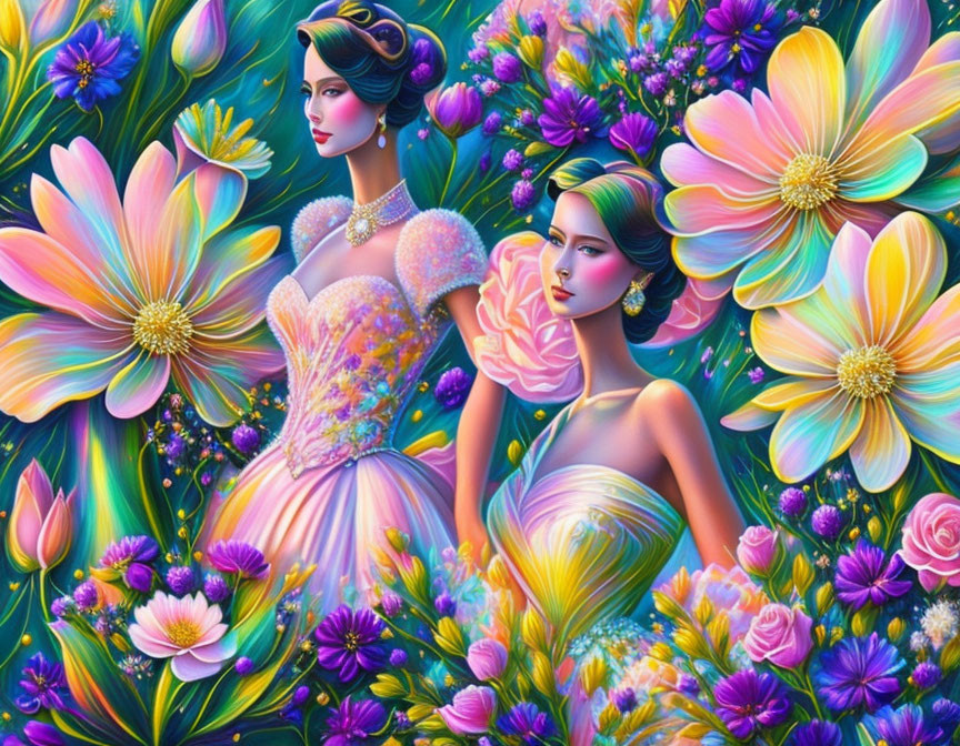 Two women in elegant dresses amid vibrant floral scene