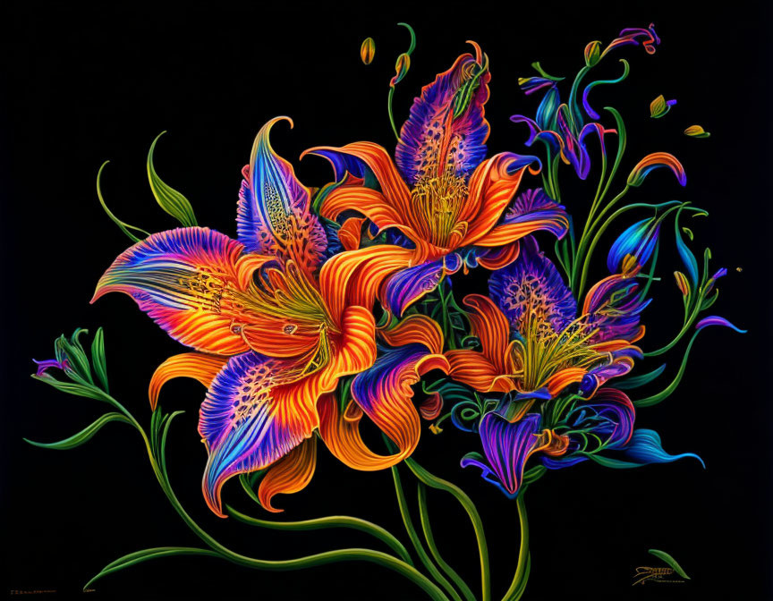 Vibrant iridescent lilies with intricate patterns on black background