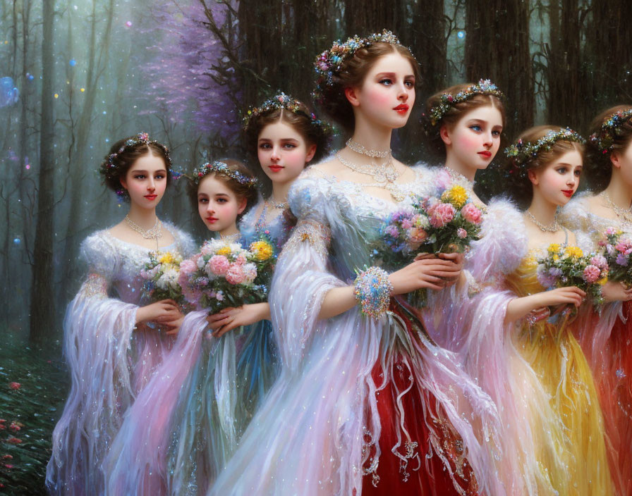 Ethereal women in colorful gowns, adorned with flowers and jewels in misty forest