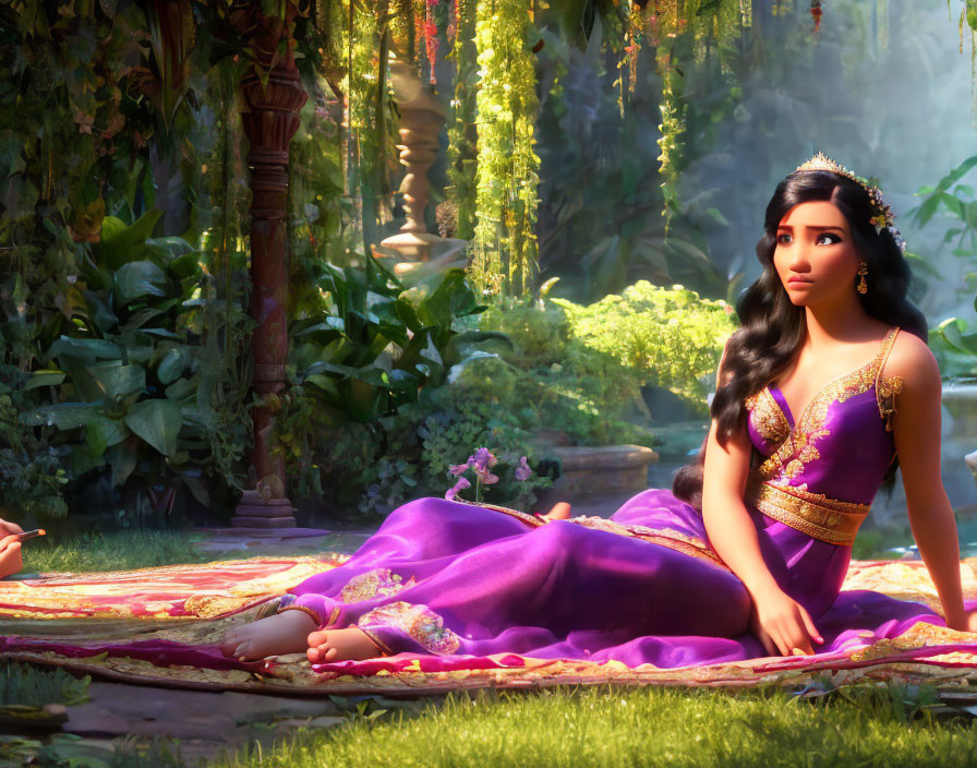 Dark-haired animated princess in purple dress lounges in vibrant garden