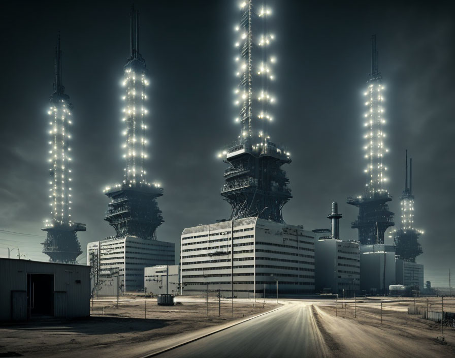 Four futuristic towers with bright lights on a deserted road under a gloomy sky