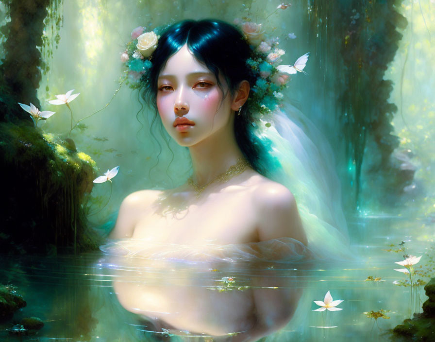 Ethereal woman with floral crown in tranquil waters under misty forest.