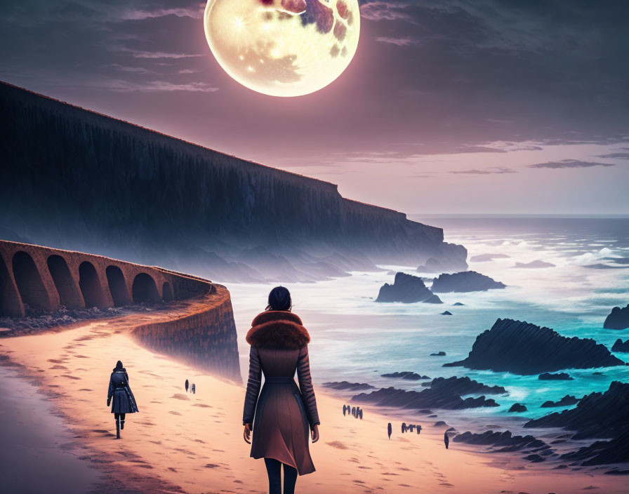 Coastal road scene: Person looks at huge moon over ocean, cliffs, and bridge.