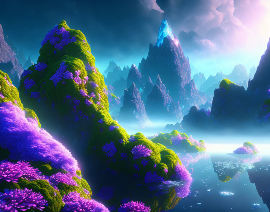 Vibrant fantasy landscape with purple flowers, green peaks, reflective waters