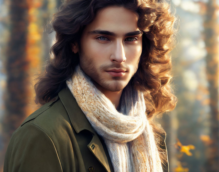 Man with Long Curly Hair in Coat and Scarf in Autumn Setting