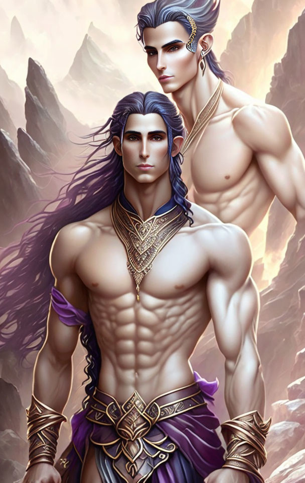 Fantasy-style male characters with elf-like ears in misty mountainous setting