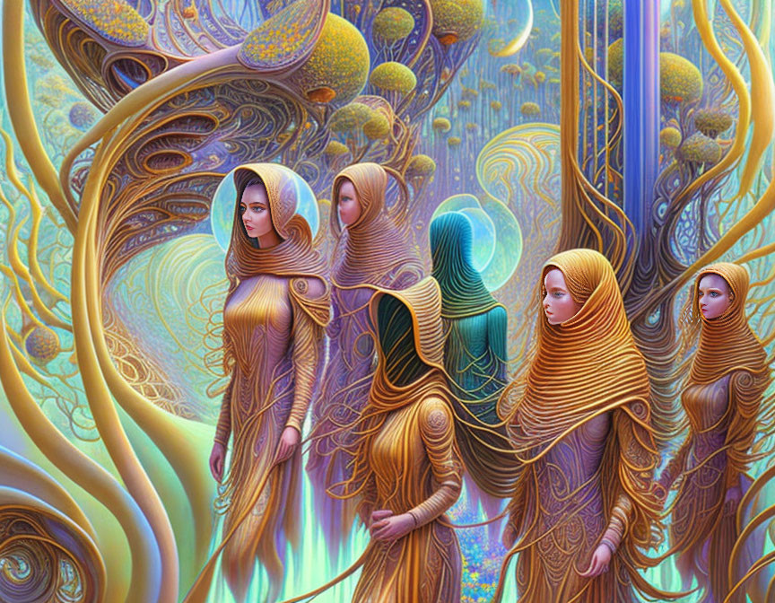 Fantastical illustration of five flowing-haired female figures in vibrant, organic setting