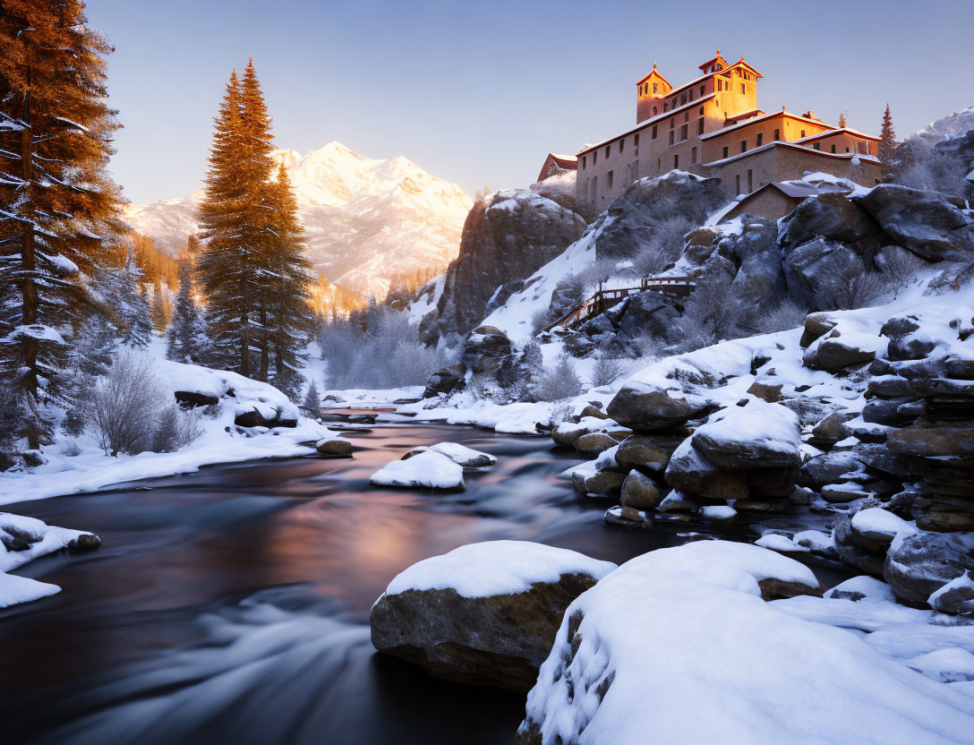 Snowy river scene with castle, mountains, and blue sky