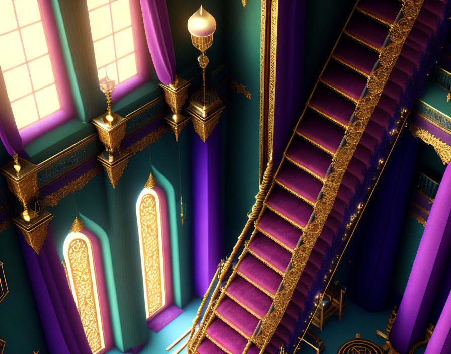 Luxurious Interior with Grand Staircase and Purple Carpet