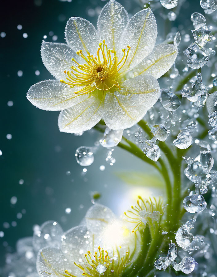 Delicate white flower with yellow center covered in water droplets on blue-green background