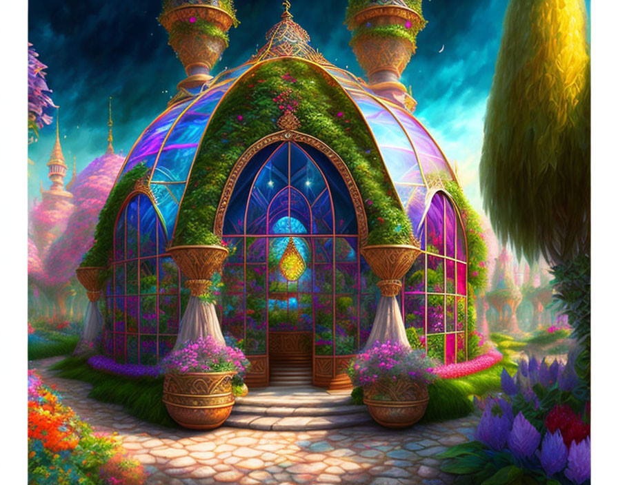 Colorful Gardens and Glass-Domed Conservatory in Twilight Sky