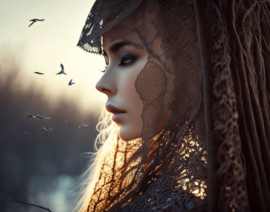 Woman in lace veil with contemplative expression, birds flying at twilight