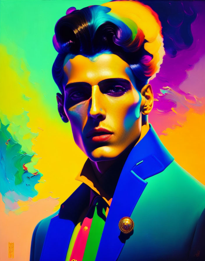 Vibrant portrait of a stylized man in blue suit against colorful backdrop