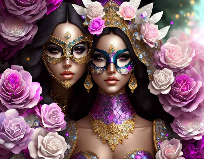 Women in decorative masks and gold jewelry amidst blooming roses.