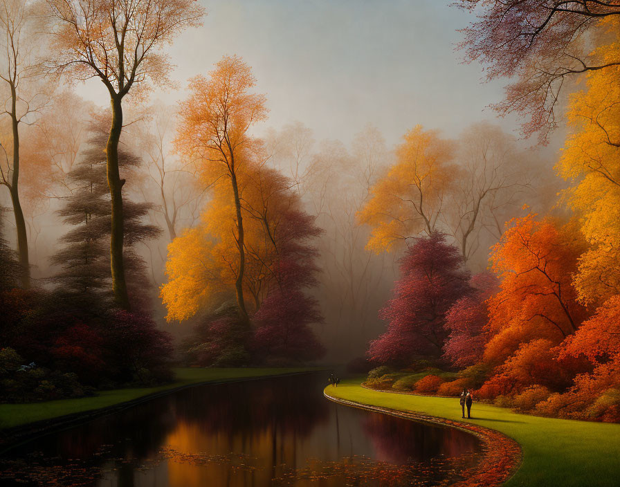 Tranquil autumn river scene with vibrant foliage and misty atmosphere