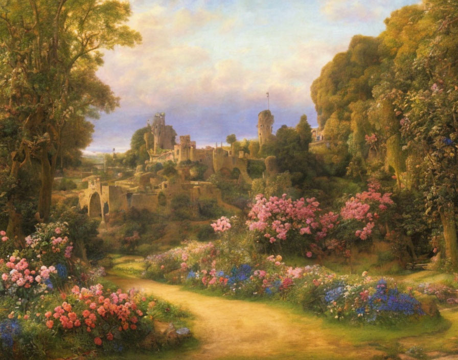 Lush garden path to distant castle ruin under soft glowing sky