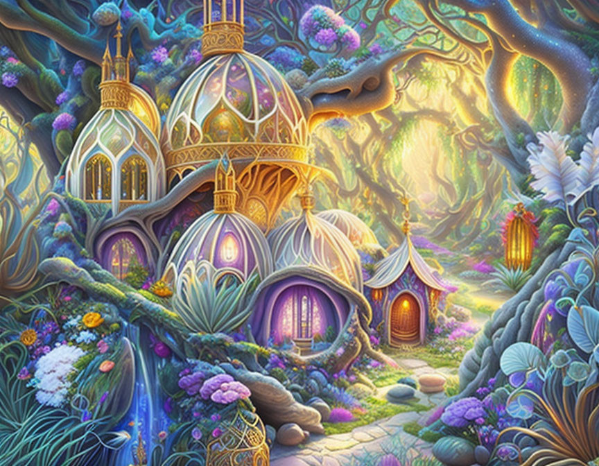 Enchanting forest with whimsical treehouses and glowing pathway