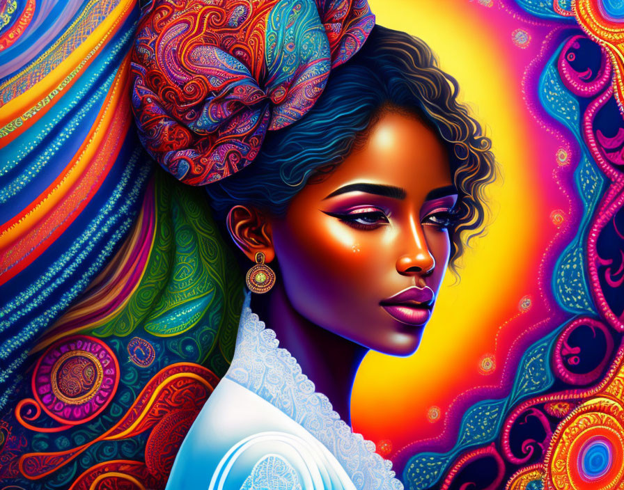 Colorful digital portrait of woman in headwrap with intricate patterns