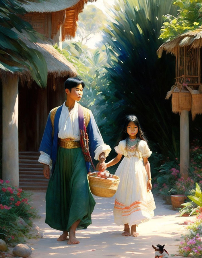 Man and young girl in traditional clothing walking in lush village setting.