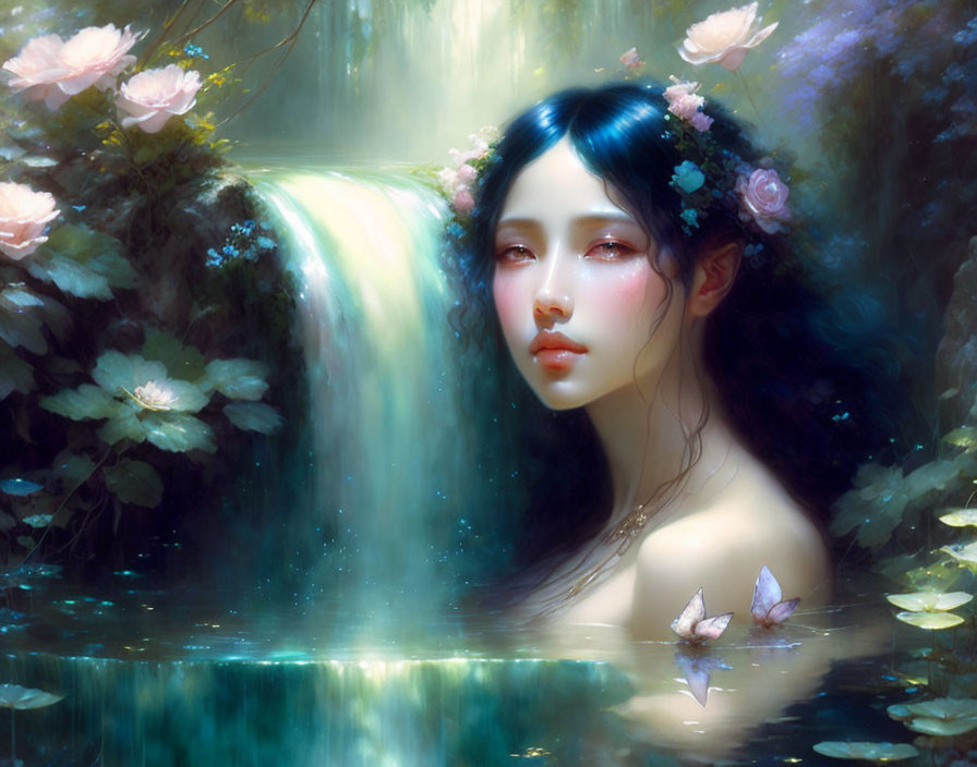 Fantasy portrait featuring woman, floral wreath, butterflies, and waterfall.