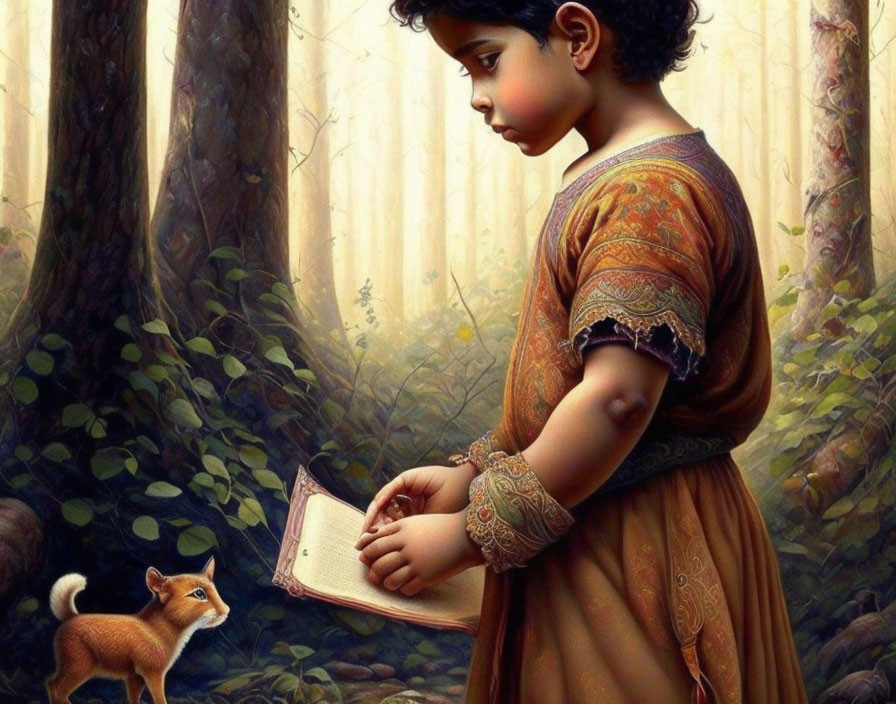 Young girl in traditional attire reading with curious fox cub in serene forest