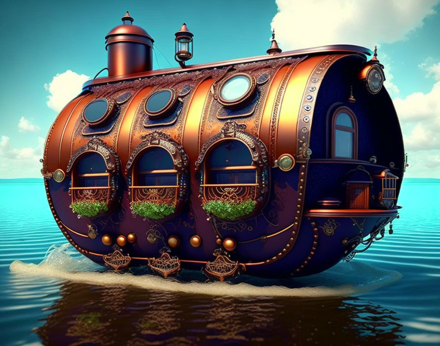 Steampunk-style submarine with brass detailing and round portholes on calm waters