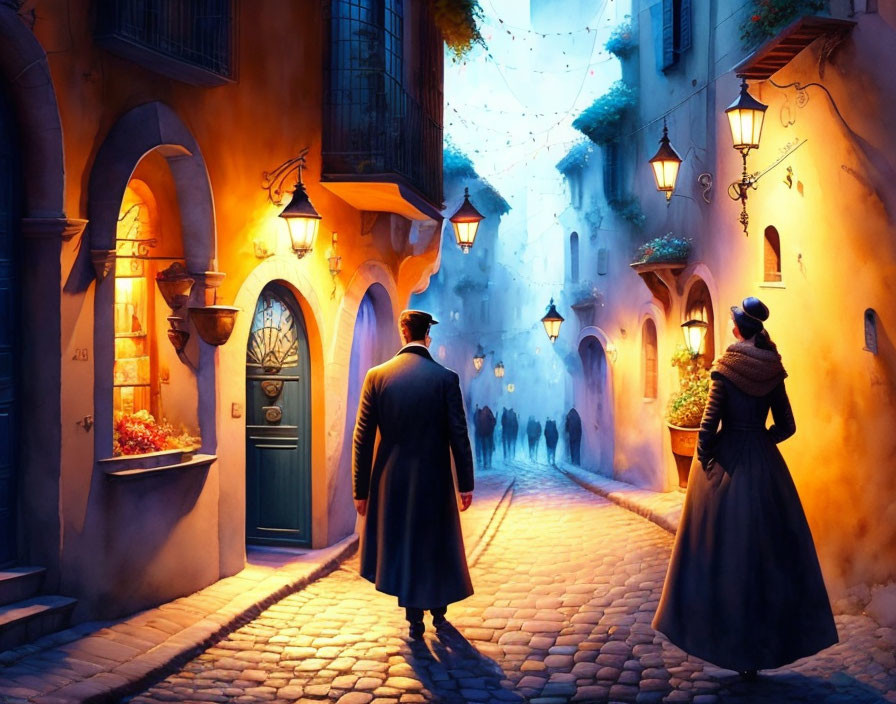 19th-Century Couple Strolling Through Lamp-Lit Cobblestone Alley