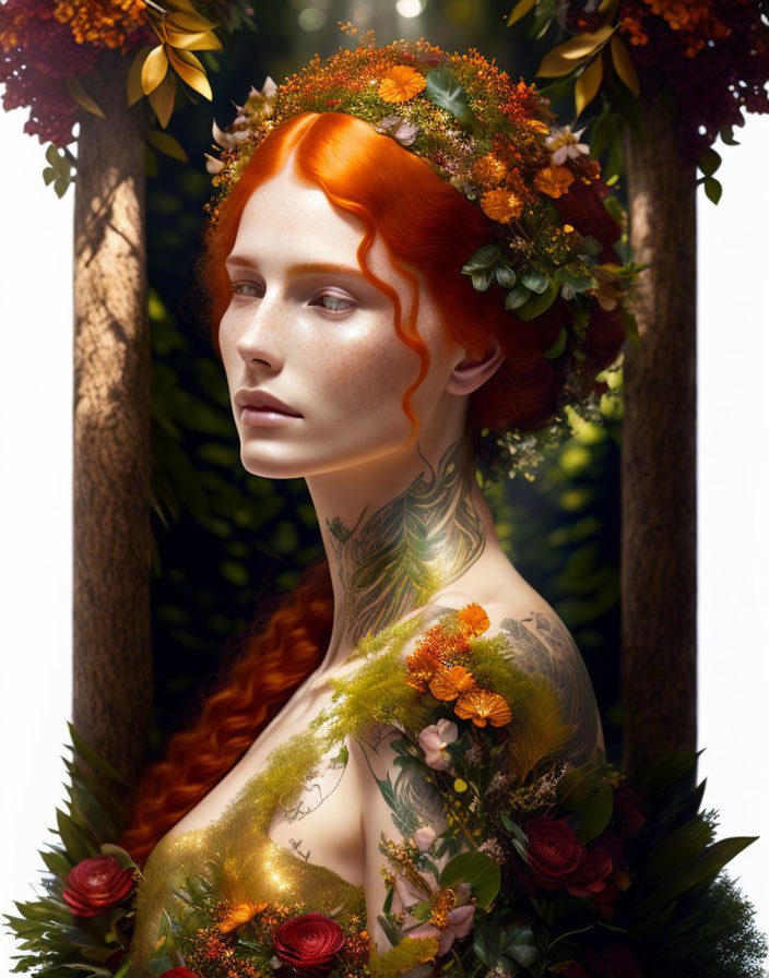 Woman with Red Hair and Floral Crown, Tattoos Mimicking Foliage, and Delicate Flowers