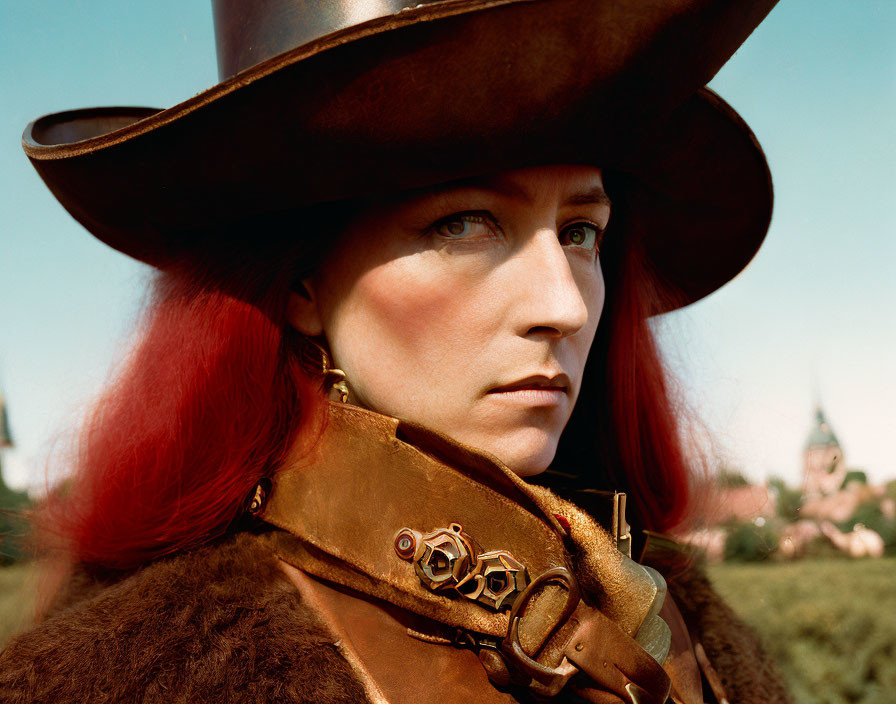 Person with Red Hair in Brown Hat & Leather Jacket with Serious Expression