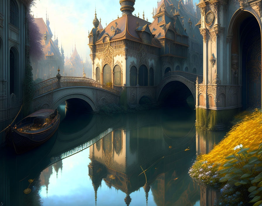 Fantasy canal scene with ornate buildings and arched bridges