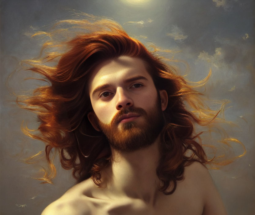 Man with flowing red hair and beard against cloudy sky backdrop