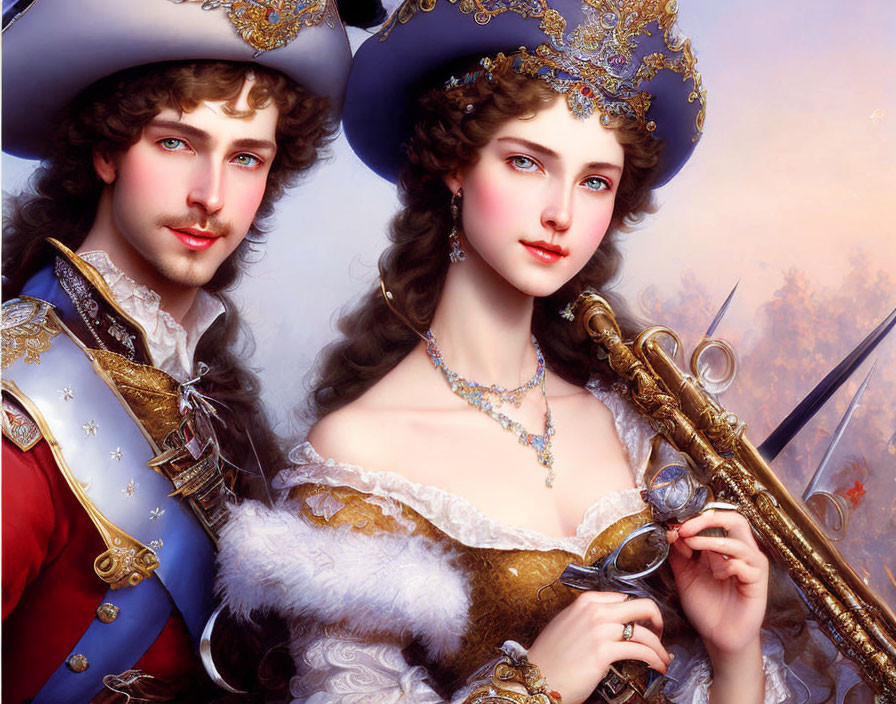 Regal Couple in 18th-Century Attire Portrait