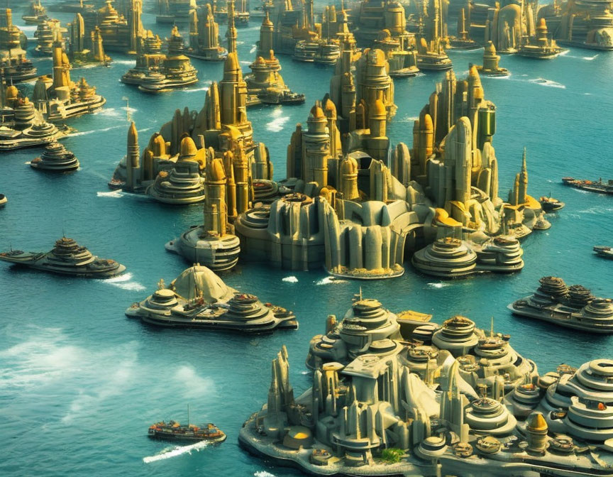 Futuristic cityscape with tall buildings on artificial islands