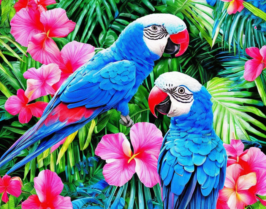 Vibrant blue macaws in lush green foliage with pink hibiscus flowers