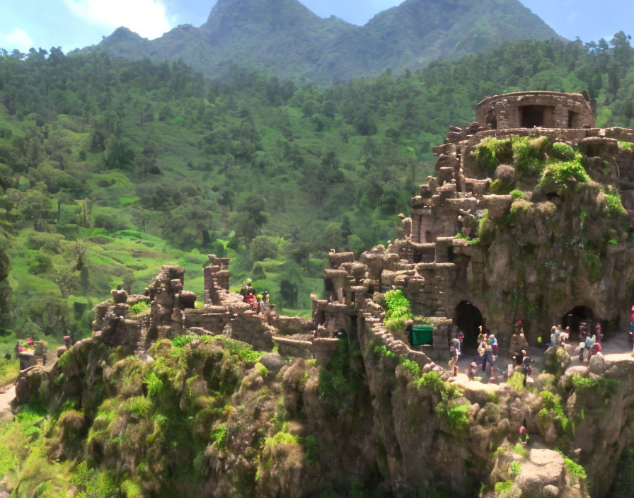 Ancient rocky ruins with greenery and visitors in scenic landscape