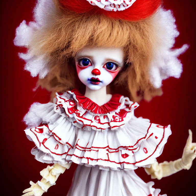 Clown-like doll with red nose and blonde hair on red background