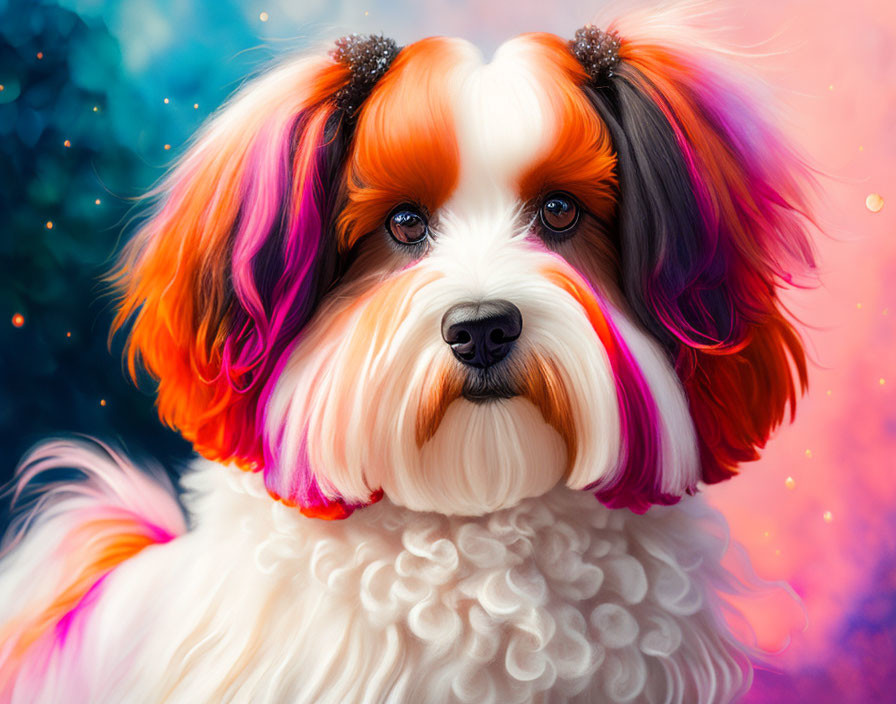 Colorful Fluffy Dog Digital Art with Pink and Orange Fur